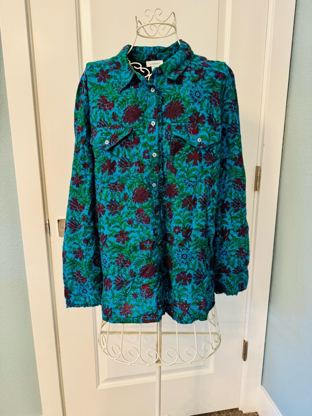 Sundance “Rhea” turquoise and plum floral  eyelet shirt
